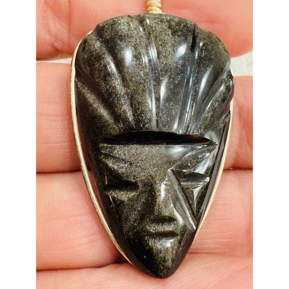 Carved Gold Sheen Obsidian Face Mask Pendant Necklace 24"